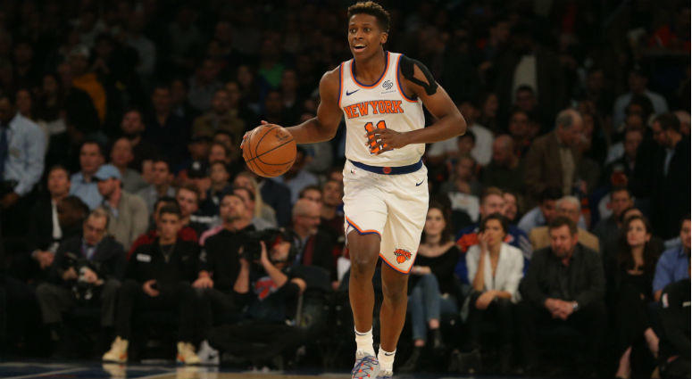 Frank Ntilikina controls the ball against the Brooklyn Nets during the first quarter at Madison Square Garden. Frank Ntilikina controls the ball against the Brooklyn Nets during the first quarter at Madison Square Garden.