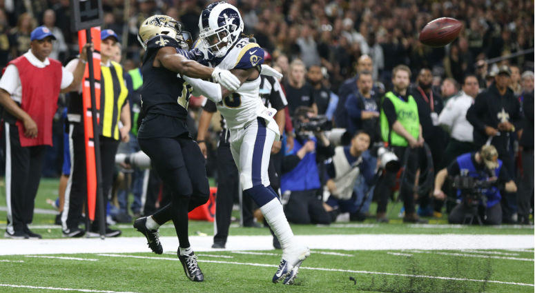 Nickell Robey-Coleman breaks up a pass intended for Tommylee Lewis during the fourth quarter of the NFC Championship game at Mercedes-Benz Superdome. Nickell Robey-Coleman breaks up a pass intended for Tommylee Lewis during the fourth quarter of the NFC Championship game at Mercedes-Benz Superdome.