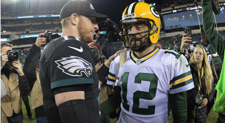 Carson Wentz and Aaron Rodgers shake hands after a NFL football game at Lincoln Financial Field in Philadelphia. Carson Wentz and Aaron Rodgers shake hands after a NFL football game at Lincoln Financial Field in Philadelphia.