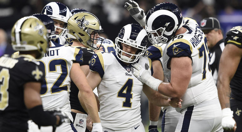 Jan 20, 2019; New Orleans, LA, USA; Los Angeles Rams kicker Greg Zuerlein (4) is congratulated by teammates. Mandatory Credit: John David Mercer-USA TODAY Sports Jan 20, 2019; New Orleans, LA, USA; Los Angeles Rams kicker Greg Zuerlein (4) is congratulated by teammates. Mandatory Credit: John David Mercer-USA TODAY Sports
