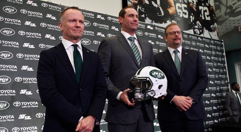 New York Jets CEO and chairman Christopher Johnson, new head coach Adam Gase, and general manager Mike Maccagnan pose for photos after a press conference on Monday, Jan. 14, 2019, in Florham Park. New York Jets CEO and chairman Christopher Johnson, new head coach Adam Gase, and general manager Mike Maccagnan pose for photos after a press conference on Monday, Jan. 14, 2019, in Florham Park.