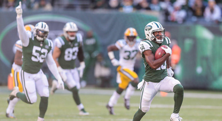 The Jets' Andre Roberts scores touchdown on a kickoff return against the Green Bay Packers on Dec. 23, 2018, at MetLife Stadium. The Jets' Andre Roberts scores touchdown on a kickoff return against the Green Bay Packers on Dec. 23, 2018, at MetLife Stadium.