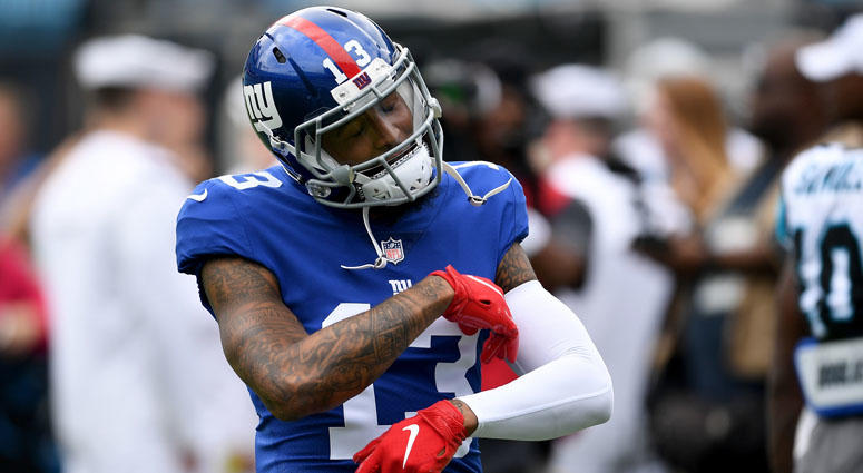 Odell Beckham Jr. of the Giants reacts against the Carolina Panthers on Oct. 7, 2018, at Bank of America Stadium on Oct. 7, 2018 in Charlotte, North Carolina. Odell Beckham Jr. of the Giants reacts against the Carolina Panthers on Oct. 7, 2018, at Bank of America Stadium on Oct. 7, 2018 in Charlotte, North Carolina.