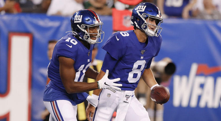 Michael Owens/AP New York Giants quarterback Daniel Jones (8) celebrates with Bennie Fowler (18) after they connected for a touchdown during the first half of a preseason NFL football game against the New York Jets on Thursday, Aug. 8, 2019, in East Rutherford, N.J.