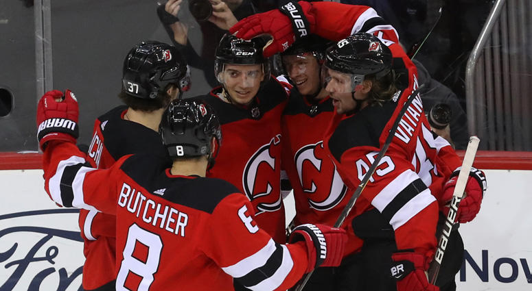 Devils left wing Brett Seney (43) celebrates his goal during the third period against the Chicago Blackhawks on Jan. 14, 2019, at Prudential Center. Devils left wing Brett Seney (43) celebrates his goal during the third period against the Chicago Blackhawks on Jan. 14, 2019, at Prudential Center.