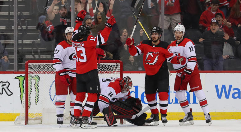 Devils left wing Marcus Johansson (second from right) celebrates after scoring a goal during the first period against the Carolina Hurricanes on Feb. 10, 2019, at the Prudential Center. Devils left wing Marcus Johansson (second from right) celebrates after scoring a goal during the first period against the Carolina Hurricanes on Feb. 10, 2019, at the Prudential Center.