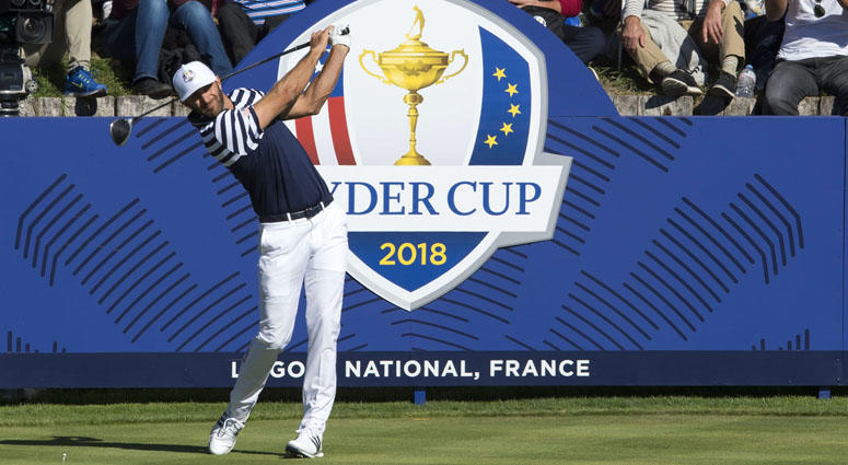 Dustin Johnson tees off on the 17th hole during a Ryder Cup practice round on Sept. 27, 2018, at Le Golf National in Saint-Quentin-en-Yvelines, France. Dustin Johnson tees off on the 17th hole during a Ryder Cup practice round on Sept. 27, 2018, at Le Golf National in Saint-Quentin-en-Yvelines, France.