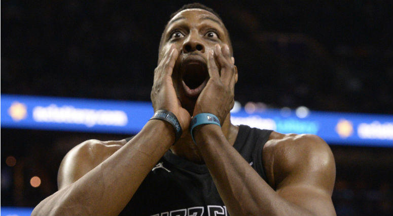 Mar 28, 2018; Charlotte, NC, USA; Charlotte Hornets forward center Dwight Howard (12) reacts to a foul call during the first half against the Cleveland Cavaliers at the Spectrum Center. Mandatory Credit: Sam Sharpe-USA TODAY Sports