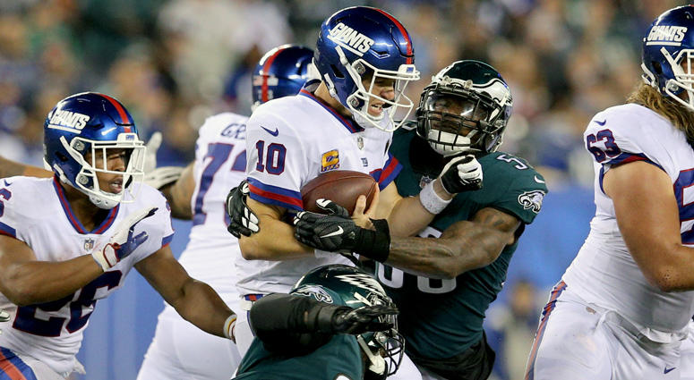 Giants quarterback Eli Manning is sacked by Eagles linebacker Nigel Bradham during the fourth quarter on Oct. 11, 2018, at MetLife Stadium. Giants quarterback Eli Manning is sacked by Eagles linebacker Nigel Bradham during the fourth quarter on Oct. 11, 2018, at MetLife Stadium.