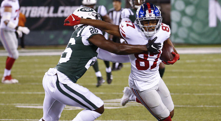 Giants wide receiver Sterling Shepard tries to shake Jets safety Marcus Maye during their preseason game at MetLife Stadium on Aug. 24, 2018, in East Rutherford, New Jersey. Giants wide receiver Sterling Shepard tries to shake Jets safety Marcus Maye during their preseason game at MetLife Stadium on Aug. 24, 2018, in East Rutherford, New Jersey.