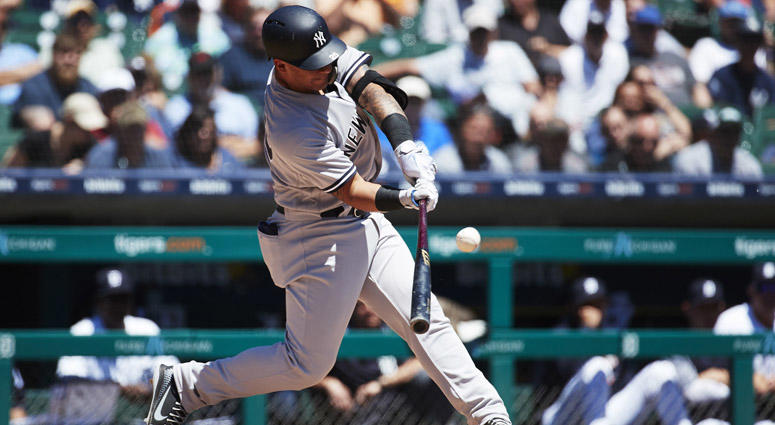 Jun 4, 2018; Detroit, MI, USA; New York Yankees second baseman Gleyber Torres (25) hits a home run in the third inning against the Detroit Tigers at Comerica Park. Mandatory Credit: Rick Osentoski-USA TODAY Sports