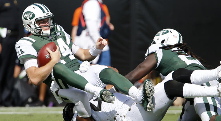 Jets quarterback Sam Darnold is sacked by Jaguars defensive back Barry Church during the second half on Sept. 30, 2018, at TIAA Bank Field in Jacksonville, Florida. Jets quarterback Sam Darnold is sacked by Jaguars defensive back Barry Church during the second half on Sept. 30, 2018, at TIAA Bank Field in Jacksonville, Florida.