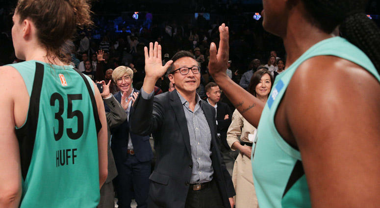 Joseph Tsai high-fives New York Liberty players after their exhibition game against the China national team at Barclays Center on May 5, 2019. Joseph Tsai high-fives New York Liberty players after their exhibition game against the China national team at Barclays Center on May 5, 2019.