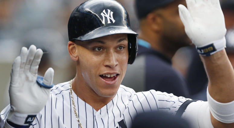 The Yankees' Aaron Judge celebrates after hitting a solo home run against the Toronto Blue Jays on June 25, 2019, at Yankee Stadium. The Yankees' Aaron Judge celebrates after hitting a solo home run against the Toronto Blue Jays on June 25, 2019, at Yankee Stadium.