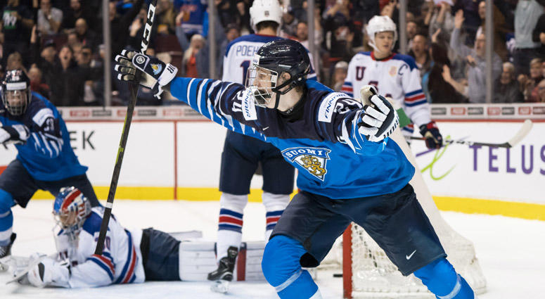 Kaapo Kakko of Finland celebrates after scoring the game-winning goal against the United States in the gold medal game of the IIHF World Junior Championship on Jan. 5, 2019, at Rogers Arena in Vancouver, British Columbia. Kaapo Kakko of Finland celebrates after scoring the game-winning goal against the United States in the gold medal game of the IIHF World Junior Championship on Jan. 5, 2019, at Rogers Arena in Vancouver, British Columbia.
