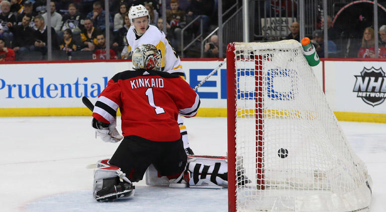 Devils goalie Keith Kinkaid Penguins center Nick Bjugstad (not shown) scores a goal on New Jersey Devils goaltender Keith Kinkaid on Feb. 19, 2019, at the Prudential Center.