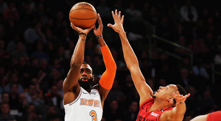 Knicks guard Tim Hardaway Jr. shoots against Portland Trail Blazers guard CJ McCollum on Nov. 20, 2018, at Madison Square Garden. Knicks guard Tim Hardaway Jr. shoots against Portland Trail Blazers guard CJ McCollum on Nov. 20, 2018, at Madison Square Garden.