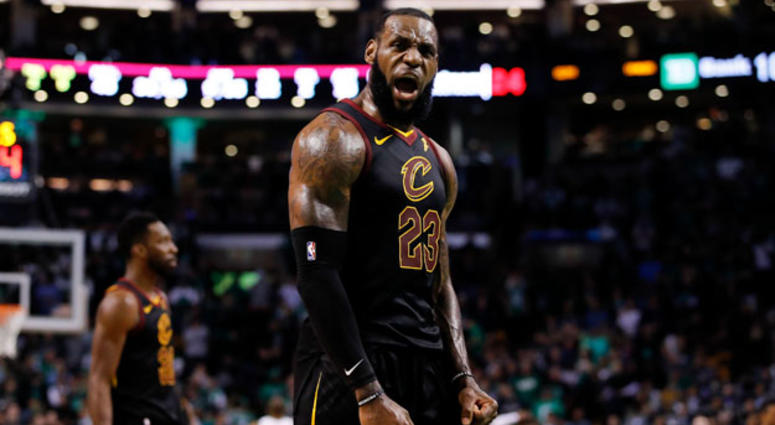 Cleveland Cavaliers forward LeBron James celebrates after drawing foul against the Boston Celtics during the fourth quarter in Game 7 of the Eastern Conference finals on May 27, 2018, at TD Garden in Boston. Cleveland Cavaliers forward LeBron James celebrates after drawing foul against the Boston Celtics during the fourth quarter in Game 7 of the Eastern Conference finals on May 27, 2018, at TD Garden in Boston.