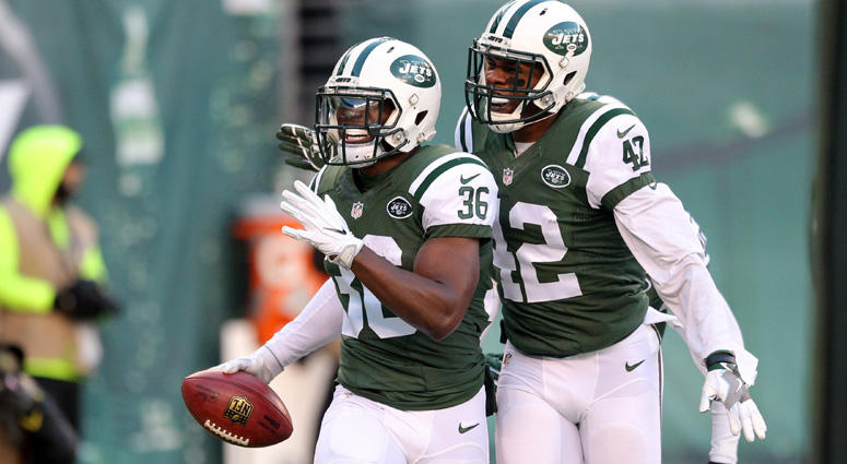 Jets safety Doug Middleton (36) celebrates with Ronald Martin after recovering a kickoff in the end zone for a touchdown against the Buffalo Bills on Jan. 1, 2017, at MetLife Stadium. Jets safety Doug Middleton (36) celebrates with Ronald Martin after recovering a kickoff in the end zone for a touchdown against the Buffalo Bills on Jan. 1, 2017, at MetLife Stadium.