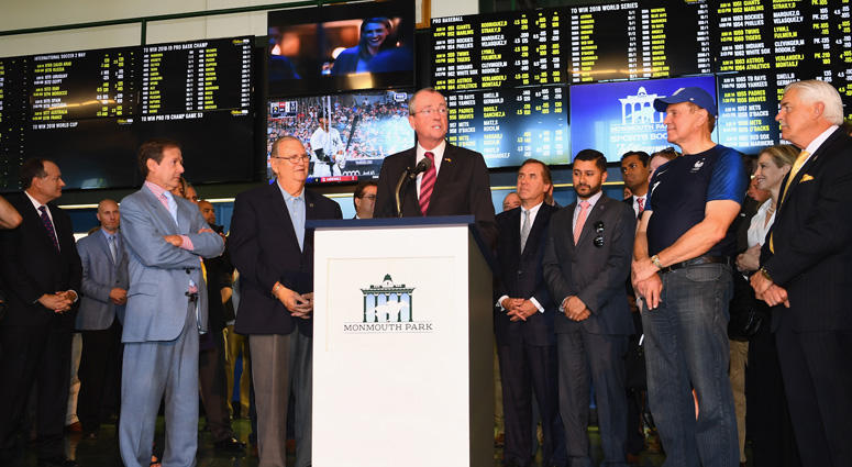 New Jersey Gov. Phil Murphy speaks June 14, 2018, at Monmouth Park in Oceanport as it opens and welcomes members of the public to place the first legal sports bets. New Jersey Gov. Phil Murphy speaks June 14, 2018, at Monmouth Park in Oceanport as it opens and welcomes members of the public to place the first legal sports bets.