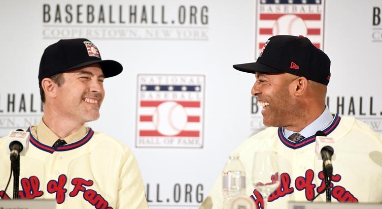 Former Yankees pitchers Mike Mussina (left) and Mariano Rivera (right) laugh during a Hall of Fame news conference on Jan. 23, 2019, in New York. Former Yankees pitchers Mike Mussina (left) and Mariano Rivera (right) laugh during a Hall of Fame news conference on Jan. 23, 2019, in New York.