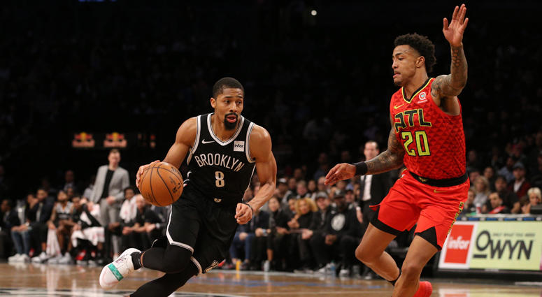 Nets point guard Spencer Dinwiddiedrives against Hawks power forward John Collins on Jan. 9, 2019, at Barclays Center. Nets point guard Spencer Dinwiddiedrives against Hawks power forward John Collins on Jan. 9, 2019, at Barclays Center.