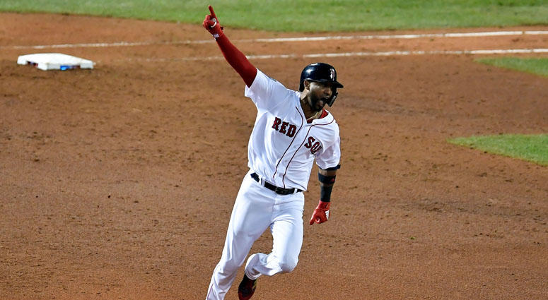 Red Sox pinch hitter Eduardo Nunez celebrates after hitting a three-run home run against the Los Angeles Dodgers in Game 1 of the World Series on Oct. 23, 2018, at Fenway Park in Boston. Red Sox pinch hitter Eduardo Nunez celebrates after hitting a three-run home run against the Los Angeles Dodgers in Game 1 of the World Series on Oct. 23, 2018, at Fenway Park in Boston.