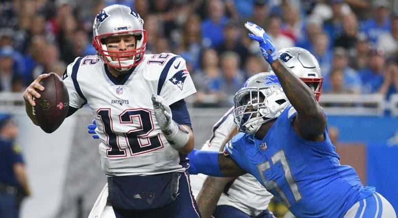 Lions linebacker Eli Harold sacks Patriots quarterback Tom Brady on Sept. 23, 2018, at Ford Field in Detroit. Lions linebacker Eli Harold sacks Patriots quarterback Tom Brady on Sept. 23, 2018, at Ford Field in Detroit.