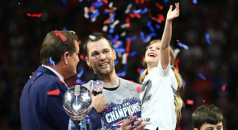 Patriots quarterback Tom Brady and daughter Vivian celebrate as they are interviewed by CBS host Jim Nantz after Super Bowl LIII against the Los Angeles Rams on Feb. 3, 2019, at Mercedes-Benz Stadium in Atlanta. Patriots quarterback Tom Brady and daughter Vivian celebrate as they are interviewed by CBS host Jim Nantz after Super Bowl LIII against the Los Angeles Rams on Feb. 3, 2019, at Mercedes-Benz Stadium in Atlanta.