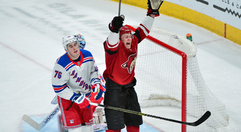 Coyotes left wing Lawson Crouse and Rangers defenseman Brady Skjei react after a goal by Arizona right wing Mario Kempe (not pictured) in the first period on Jan. 6, 2019, at Gila River Arena in Glendale, Arizona. Coyotes left wing Lawson Crouse and Rangers defenseman Brady Skjei react after a goal by Arizona right wing Mario Kempe (not pictured) in the first period on Jan. 6, 2019, at Gila River Arena in Glendale, Arizona.