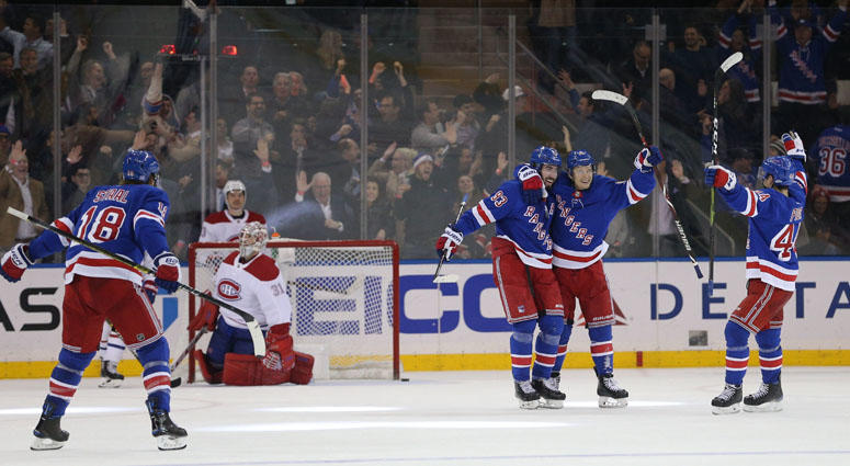 Rangers center Mika Zibanejad (93) celebrates his goal against the Montreal Canadiens with teammates on Nov. 6, 2018, at Madison Square Garden. Rangers center Mika Zibanejad (93) celebrates his goal against the Montreal Canadiens with teammates on Nov. 6, 2018, at Madison Square Garden.