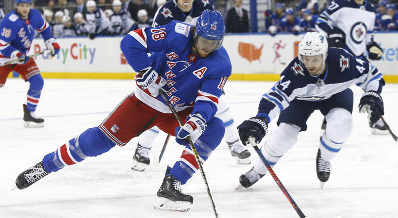 New York Rangers defenseman Marc Staal controls the puck against Winnipeg Jets defenseman Josh Morrissey on Dec. 2, 2018, at Madison Square Garden. New York Rangers defenseman Marc Staal controls the puck against Winnipeg Jets defenseman Josh Morrissey on Dec. 2, 2018, at Madison Square Garden.