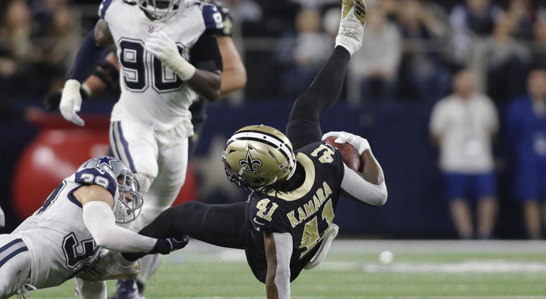 Cowboys strong safety Jeff Heath (38) tackles Saints running back Alvin Kamara on Nov. 29, 2018, at AT&T Stadium in Arlington, Texas. Cowboys strong safety Jeff Heath (38) tackles Saints running back Alvin Kamara on Nov. 29, 2018, at AT&T Stadium in Arlington, Texas.
