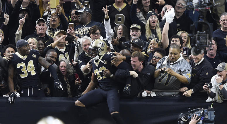 Saints cornerback Marshon Lattimore celebrates with fans after intercepting a pass against the Philadelphia Eagles during the fourth quarter of an NFC divisional playoff game on Jan. 13, 2019, at the Mercedes-Benz Superdome in New Orleans. Saints cornerback Marshon Lattimore celebrates with fans after intercepting a pass against the Philadelphia Eagles during the fourth quarter of an NFC divisional playoff game on Jan. 13, 2019, at the Mercedes-Benz Superdome in New Orleans.