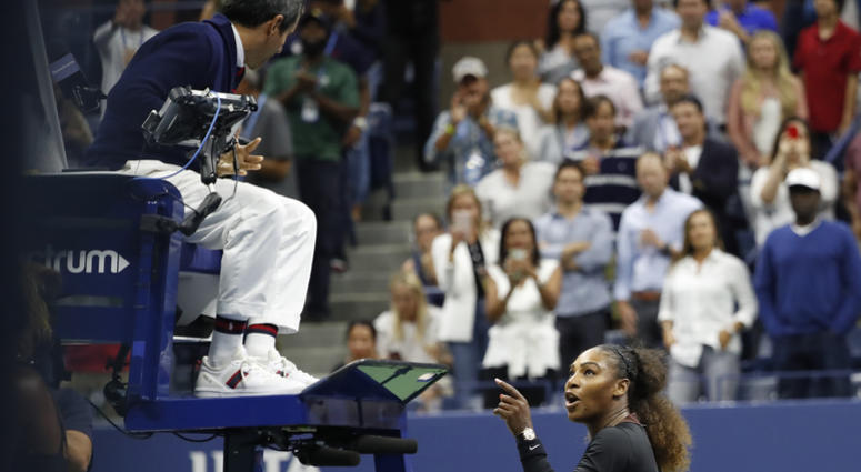 Serena Williams gestures to umpire Carlos Ramos instead of shaking hands after her match against Naomi Osaka in the U.S. Open women's final on Sept. 8, 2018, at the USTA Billie Jean King National Tennis Center. Serena Williams gestures to umpire Carlos Ramos instead of shaking hands after her match against Naomi Osaka in the U.S. Open women's final on Sept. 8, 2018, at the USTA Billie Jean King National Tennis Center.
