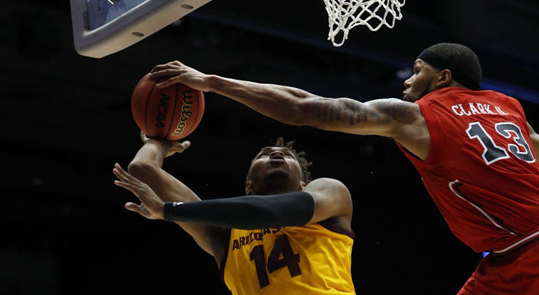St. John's forward Marvin Clark II (13) blocks a shot from Arizona State forward Kimani Lawrence (14) in the First Four of the NCAA Tournament on March 20, 2019, in Dayton, Ohio. St. John's forward Marvin Clark II (13) blocks a shot from Arizona State forward Kimani Lawrence (14) in the First Four of the NCAA Tournament on March 20, 2019, in Dayton, Ohio.
