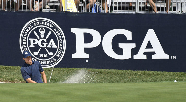 Jordan Spieth hits a bunker shot on the sixth hole during the Monday practice round of the PGA Championship golf tournament on Aug. 6, 2018, at Bellerive Country Club in St. Louis. Jordan Spieth hits a bunker shot on the sixth hole during the Monday practice round of the PGA Championship golf tournament on Aug. 6, 2018, at Bellerive Country Club in St. Louis.