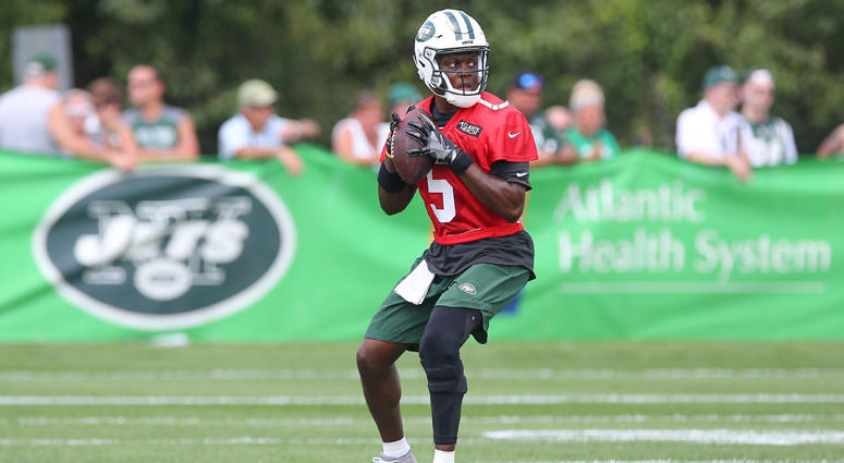 Jets quarterback Teddy Bridgewater (5) throws the ball during training camp on July 28, 2018, at the Atlantic Health Jets Training Center in Florham Park, New Jersey. Jets quarterback Teddy Bridgewater (5) throws the ball during training camp on July 28, 2018, at the Atlantic Health Jets Training Center in Florham Park, New Jersey.