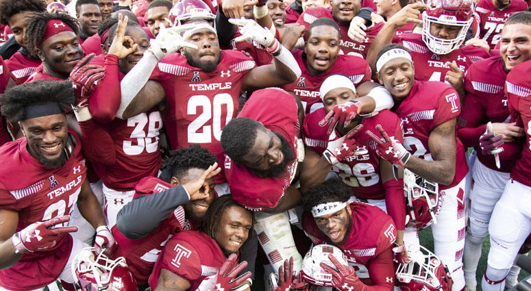 Temple players celebrate following their 24-17 win in overtime against Cincinnati in an NCAA college football against Cincinnati, Saturday, Oct. 20, 2018, in Philadelphia. Temple players celebrate following their 24-17 win in overtime against Cincinnati in an NCAA college football against Cincinnati, Saturday, Oct. 20, 2018, in Philadelphia.