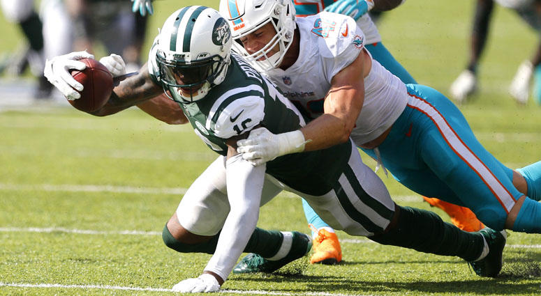 Jets wide receiver Terrelle Pryor is tackled after a catch by Dolphins linebacker Kiko Alonso on Sept. 16, 2018, at MetLife Stadium. Jets wide receiver Terrelle Pryor is tackled after a catch by Dolphins linebacker Kiko Alonso on Sept. 16, 2018, at MetLife Stadium.