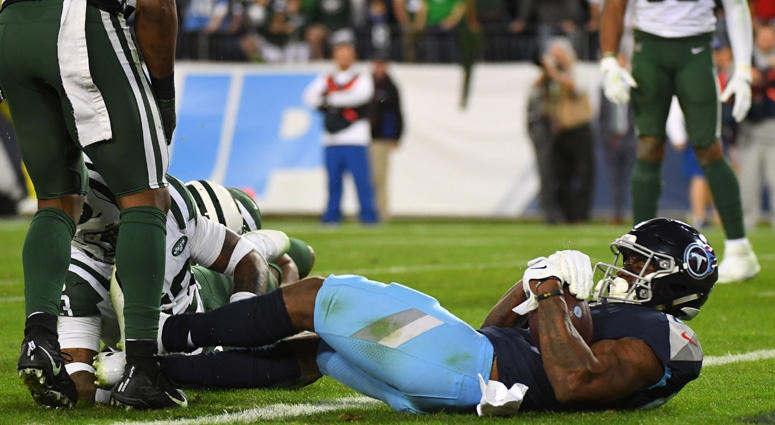 Titans wide receiver Corey Davis scores the winning touchdown on Dec. 2, 2018, against the New York Jets at Nissan Stadium in Nashville. Titans wide receiver Corey Davis scores the winning touchdown on Dec. 2, 2018, against the New York Jets at Nissan Stadium in Nashville.