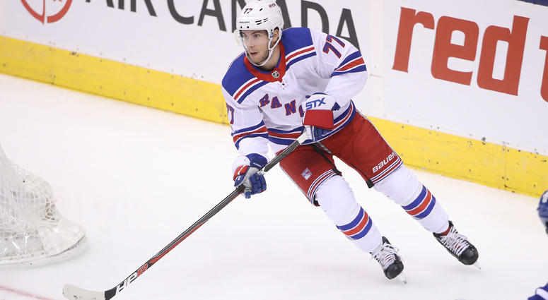 New York Rangers defenseman Tony DeAngelo skates out with the puck from behind his own net against the Maple Leafs on Oct. 7, 2017, at Air Canada Centre in Toronto. New York Rangers defenseman Tony DeAngelo skates out with the puck from behind his own net against the Maple Leafs on Oct. 7, 2017, at Air Canada Centre in Toronto.
