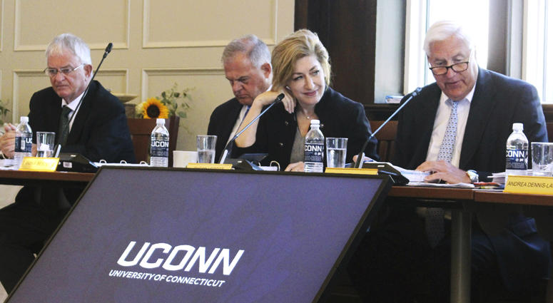 University of Connecticut Board of Trustees members attend a public board meeting on June 26, 2019, on the school's campus in Storrs, Connecticut. University of Connecticut Board of Trustees members attend a public board meeting on June 26, 2019, on the school's campus in Storrs, Connecticut.