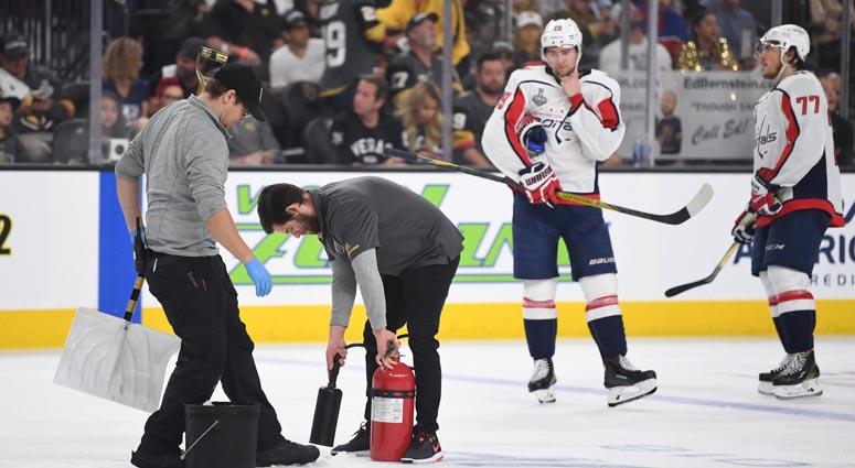 Workers fix the ice in the third period in Game 1 of the Stanley Cup Final on May 28, 2018, at T-Mobile Arena in Las Vegas. Workers fix the ice in the third period in Game 1 of the Stanley Cup Final on May 28, 2018, at T-Mobile Arena in Las Vegas.
