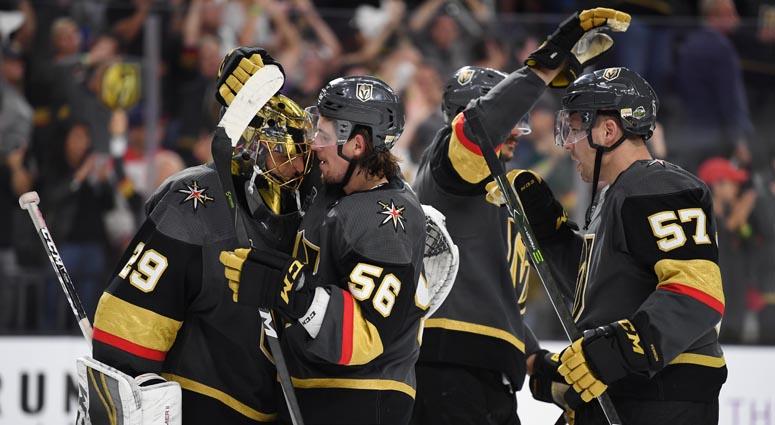 The Golden Knights celebrate after beating the Washington Capitals in Game 1 of the Stanley Cup Final on April 28, 2018, at T-Mobile Arena in Las Vegas.. The Golden Knights celebrate after beating the Washington Capitals in Game 1 of the Stanley Cup Final on April 28, 2018, at T-Mobile Arena in Las Vegas..