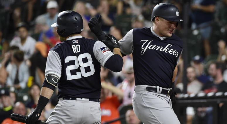 Yankees first baseman Luke Voit celebrates with catcher Austin Romine (28) after hitting a two-run home run on Aug. 26, 2018, against the Orioles at Oriole Park at Camden Yards in Baltimore. Yankees first baseman Luke Voit celebrates with catcher Austin Romine (28) after hitting a two-run home run on Aug. 26, 2018, against the Orioles at Oriole Park at Camden Yards in Baltimore.