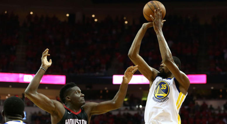 The Warriors' Kevin Durant shoots over the Rockets' Clint Capela during Game 7 of the Western Conference finals on May 28, 2018, at Toyota Center in Houston. The Warriors' Kevin Durant shoots over the Rockets' Clint Capela during Game 7 of the Western Conference finals on May 28, 2018, at Toyota Center in Houston.