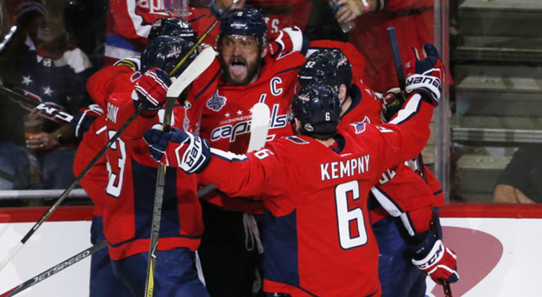 Washington Capitals left wing Alex Ovechkin (8) celebrates with teammates after scoring a goal against the Vegas Golden Knights in the second period in Game 3 of the Stanley Cup Final on June 2, 2018, at Capital One Arena in Washington, D.C. Washington Capitals left wing Alex Ovechkin (8) celebrates with teammates after scoring a goal against the Vegas Golden Knights in the second period in Game 3 of the Stanley Cup Final on June 2, 2018, at Capital One Arena in Washington, D.C.