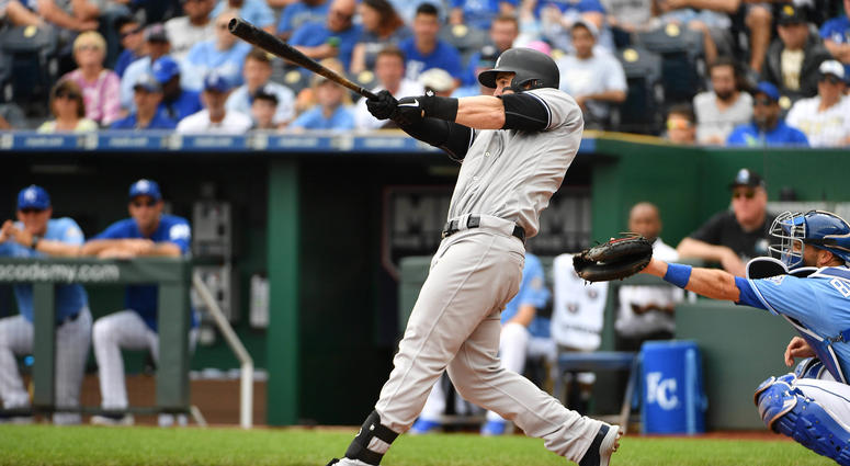 The Yankees' Tyler Austin (26) connects for a two-run home run in the fifth inning against the Royals on May 20, 2018, at Kauffman Stadium in Kansas City, Missouri. The Yankees' Tyler Austin (26) connects for a two-run home run in the fifth inning against the Royals on May 20, 2018, at Kauffman Stadium in Kansas City, Missouri.