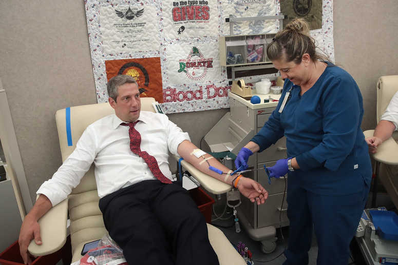Tim Ryan donates blood at the Community Blood Center on August 05, 2019 in Dayton, Ohio.